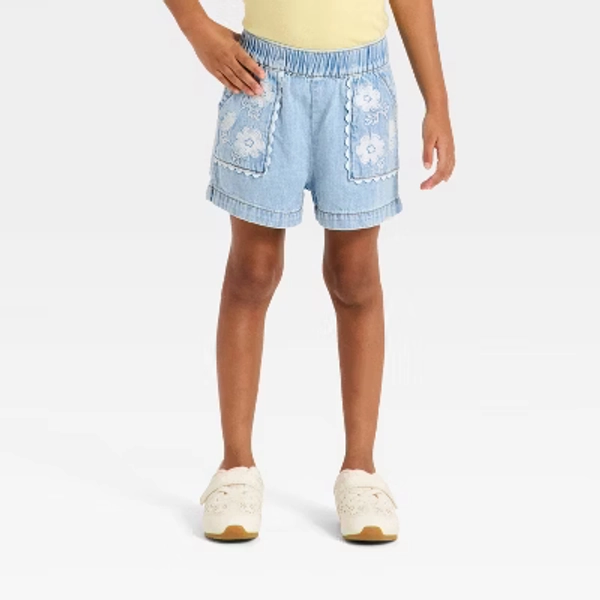 Toddler Girls' Embroidered Pull-On Denim Shorts - Cat & Jack™ Light Wash 4T