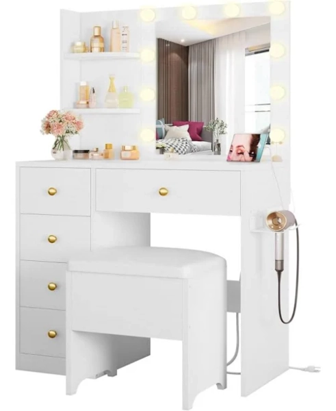 IRONCK Vanity Desk with Mirror, Lights, Small Makeup Vanity Table, 5 Drawers, Power
