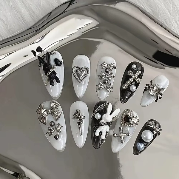 NEW 10pcs personalized black and white nail art, rabbit and bow decoration - Gothic minimalist style, suitable for daily wear - AliExpress 