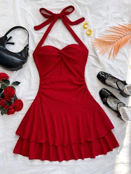 Soleia Sexy Backless Red Mini Dress With Neck Tie, Ruched Hem And Double Layer, Suitable For Party, Date, Valentine's Day,Summer Dresses For Women