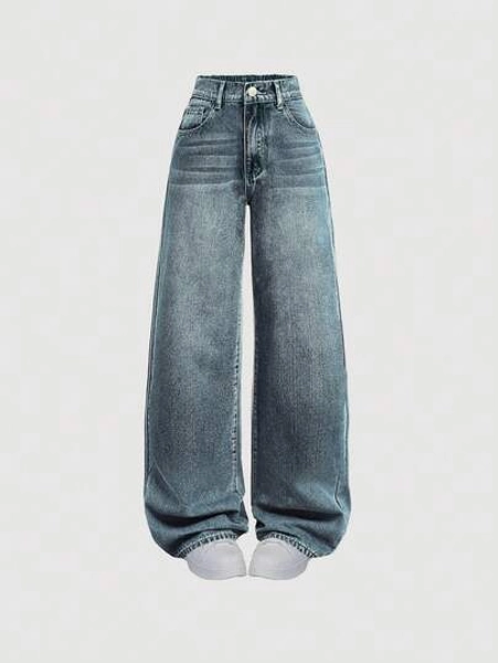 SHEIN Teen Girl Pocketed Wide Leg Loose Casual Versatile Jeans