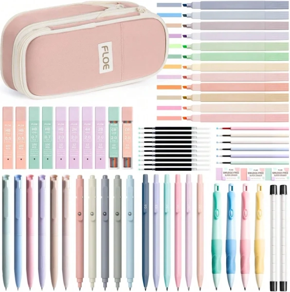 65PCS Pink Aesthetic School Supplies Kit Mechanical Pencils Lead Drafting Drawing 0.5mm 0.7mm Set Cute Polyester Pencil Case Pastel Highlig