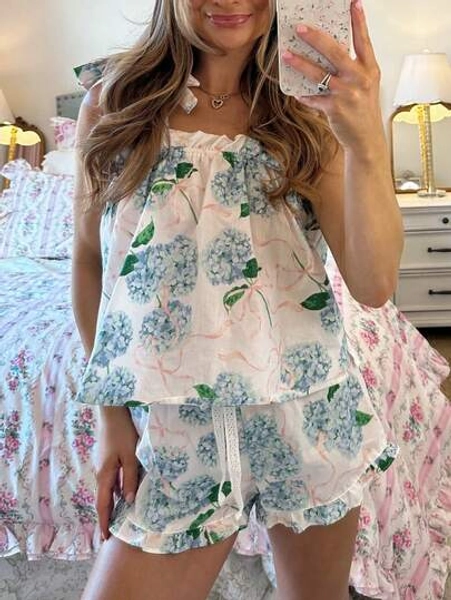 Women Y2k Floral Pajama Set Bow Tie Shoulder Strap Sleeveless Flowy Smocked Crop Tank Top And Ruffle Boxer Shorts Sets 2 Summer Cute Sleepwear Pjs Loungewear