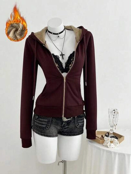 Elamini Fitted Vintage-Style Knit Elastic Hooded Thermal Lined Long Sleeve Pocket Sweatshirt For Women, Christmas