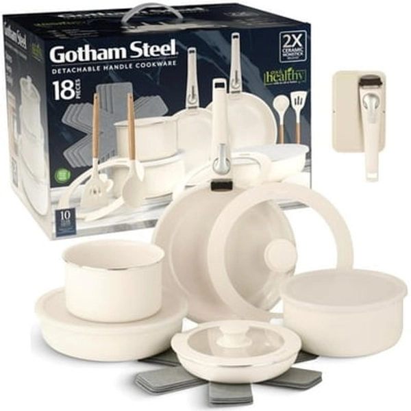 E. Mishan & Sons Gotham Steel 18 Pcs Pots and Pans set Non Stick  Ceramic Pan Cookware Set W/ Detachable Handle  RV Kitchen Cooking Set with Secure Lock Removable Handles  Oven Safe Nonstick Pan Set  Cream
