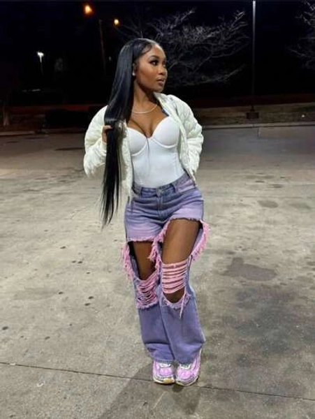 Purple & Pink Ripped Denim Trousers Women's Slim Straight Boyfriend Style, Perfect For Spring Casual Wear Or Thoughtful Holiday Gifts