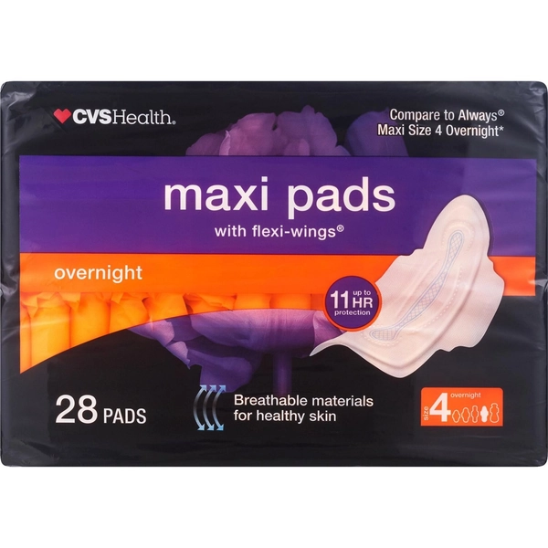 CVS Maxi Pads with Wings, Overnight, 28 CT, 36 CT