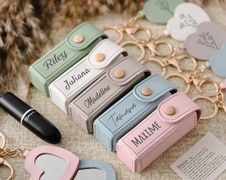 Personalized Lipstick Bag Keychain,Lipstick Case with Mirror,Custom Name Anti lost Lipstick Storage Bag,Bridesmaid Gift,Valentine's Day Gift