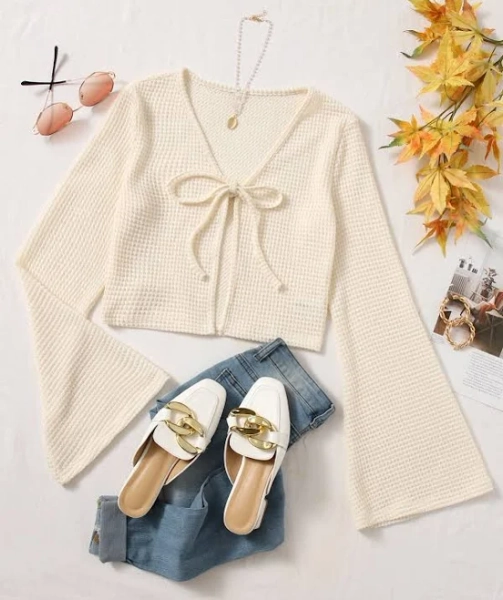 SHEIN Tie Front Bell Sleeve Crop Top