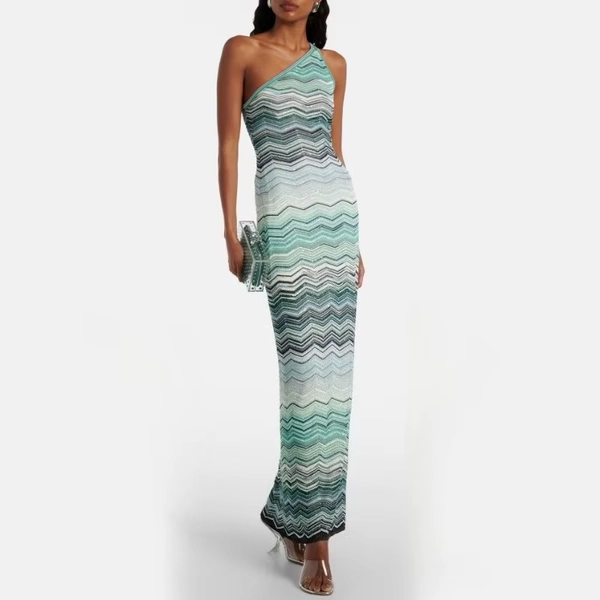 Fold Teal Green Gradient Zigzag Print One Shoulder Maxi Dress Sleeveless Bodycon Glitter 2026Trendy Party Women Elegant Wear - AliExpress 200000345