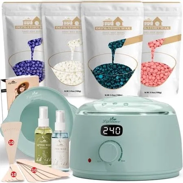 Lifestance Hair Removal Waxing Kit for Women & Men at Home Use Velvimint Digital Warmer with 4 Bags 3.5 oz Wax Beads for Full Body Coarse
