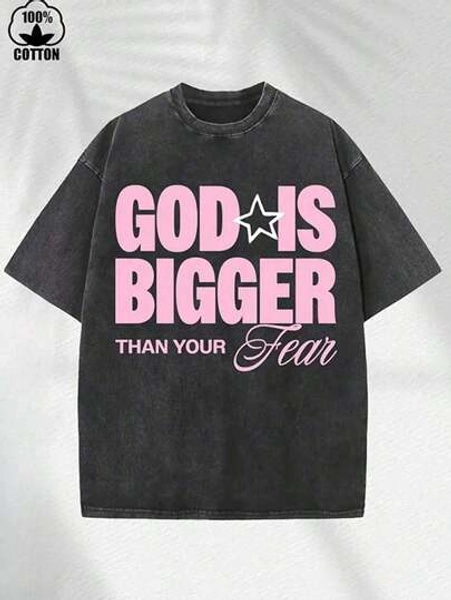 Women's Washed Cotton Casual Crew Neck T-Shirt With GOD Print, Pure Cotton Short Sleeve Loose Fit Summer Tee, Machine Washable Ladies T-Shirts