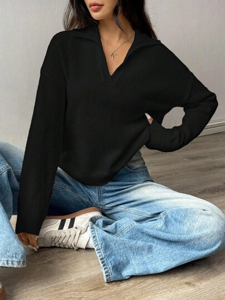 Flirla Women's Solid Color Turndown Collar Drop Shoulder Long Sleeve Casual Loose Sweater, Autumn/Winter