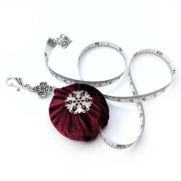 Velvet Covered Retractable Tape Measure, Embellished w/ Silver Filigree, for Chatelaine- Sewing Tools, Gift for Seamstress (5 Colors)