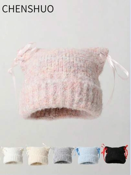 1pc Women's Cartoon Ear Hand Crochet Knit Hat, Warm For Winter, Suitable For Outdoor Sports And Daily Outfit Matching Valentine's Day