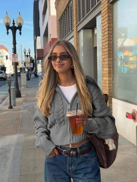 Autumn And Winter New Vintage Big Lapel Double Head Zip Cable Knit Cardigan, Loose Drop Shoulder Casual Jumper, Short Daily Commuting,Teacher