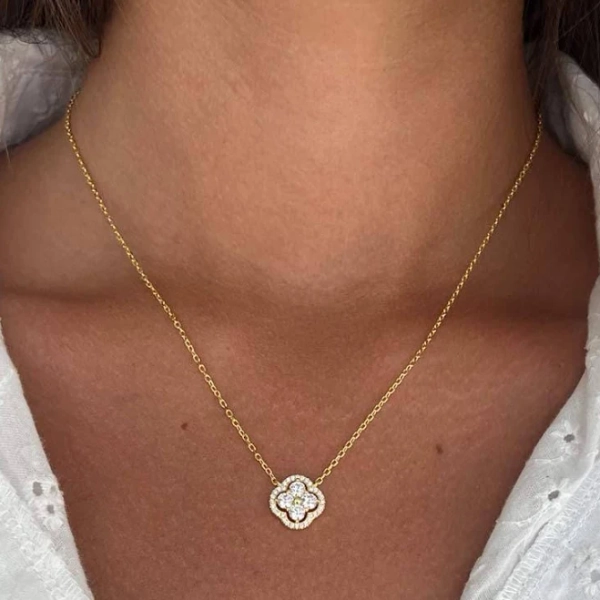 14K Gold Sterling Silver Clover Charm Necklace