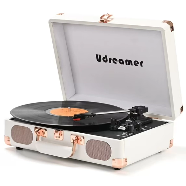 Udreamer Vinyl Record Player 3-Speed Turntable with Bluetooth,Suitcase Portable Vintage Audio Turntables,White