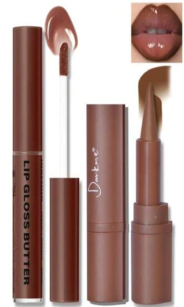 HOSAILY Lip Liner Butter Gloss Set, Dark Brown Plumping Lip Liner Lip Pencil Moisturizing Lightweight Lip Gloss Lip Combo, High Shine Glossy Lip Tint Lip Stain Makeup Long Lasting Lip Care For Women