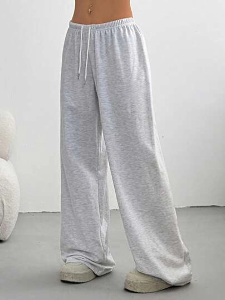 Women's Loose Solid Color Elastic Waist Drawstring Wide Leg Casual Pants