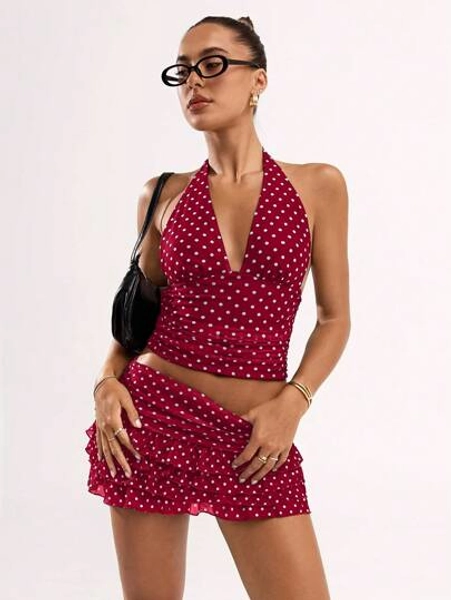 SHEIN BAE Women's Sexy Polka Dot Print Backless Halter Top, Summer