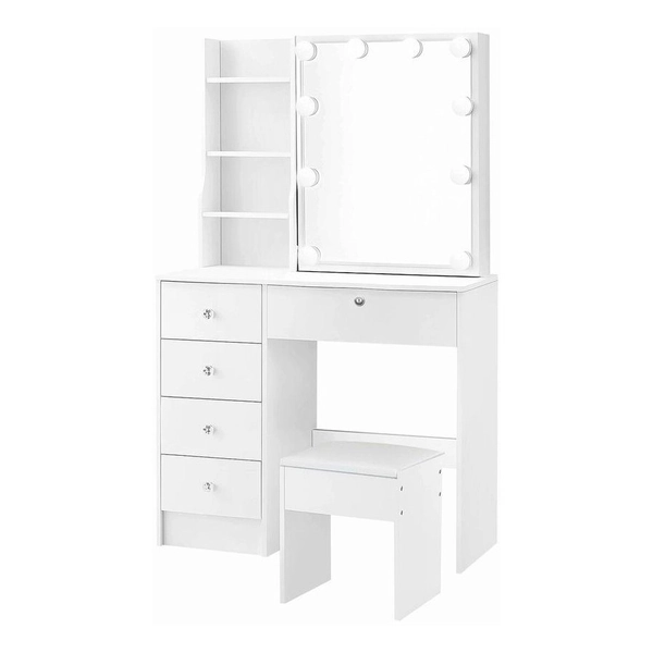 White Dressing Table and Stool Set Bedroom Dresser Makeup Vanity Desk with 10 LED Lighted Hollywood Mirror 5 Storage Drawer 4 Shelves Modern Furniture