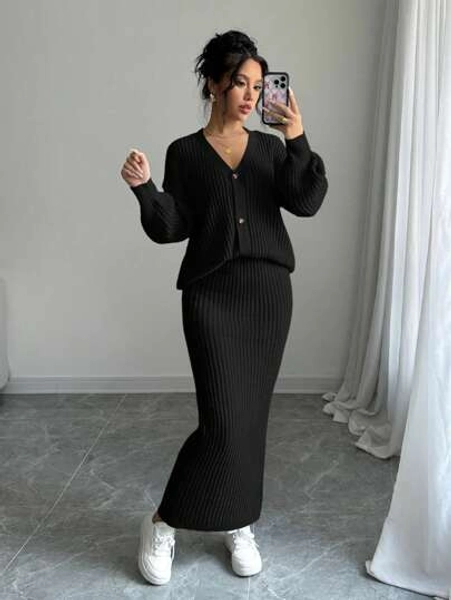 Elenzga Women's Solid Color Long Sleeve Single-Breasted Cardigan And Knitted A-Line Midi Skirt Casual 2 Pieces Set, Autumn/Winter Fall Cloth For Women