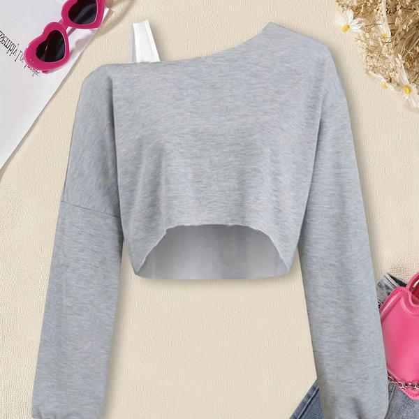 A Stylish And Versatile Gray Long-Sleeve Sweatshirt with an Off-Shoulder Design for in Spring And Autumn