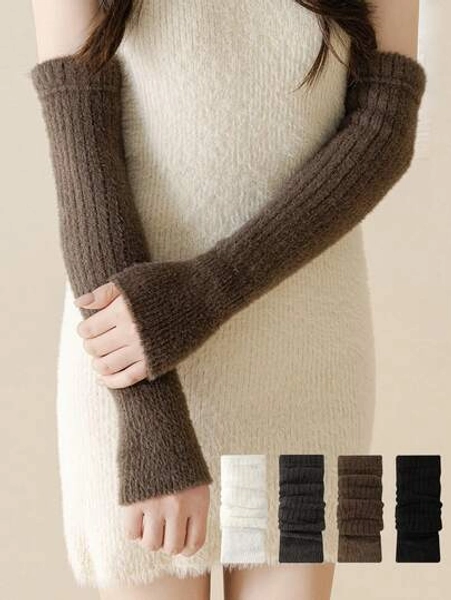 Super Soft Knitted Warm Arm Sleeves Fluffy Arm Warmers With Thumb Hole For Cold Weather Stretchy Y2K Japanese Style Long Fingerless Gloves