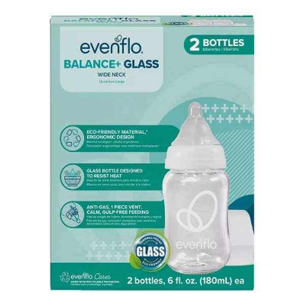 Evenflo Balance Wide Neck Anti-Colic Glass Baby Bottles- Clear - 6 fl oz/2pk: BPA-Free, Phthalate-Free, Silicone Nipple