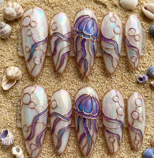 Pearl Jellyfish Stained Glass Press On Nails, Rose Gold Ocean Fantasy, Custom Almond Manicure
