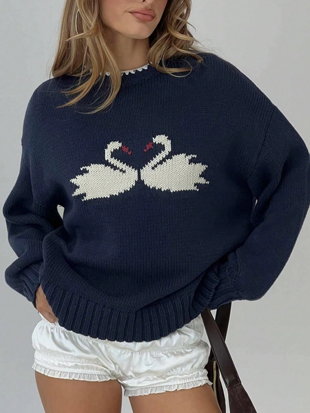 Navy Blue Swan Pattern Pullover Sweater For Women, Autumn/Winter