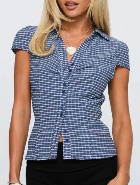 Princess Polly Arianwyn Check Cap Sleeve Button-Up Shirt