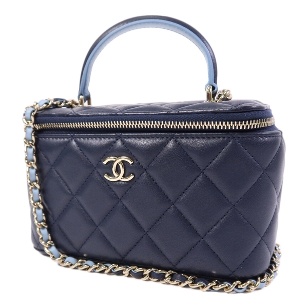 CHANEL CC SHW Vanity Case Chain Shoulder Bag AP2199 Calfskin Leather Blue
