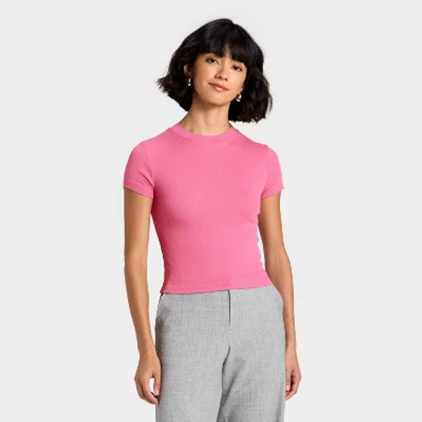 Women's Slim Fit Cropped Ribbed T-Shirt - A New Day™ Pink XL