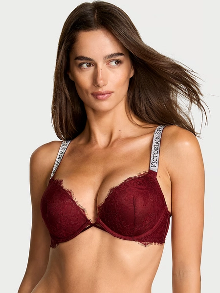 Bombshell Push-up-BH mit Rosenspitze und Glanzträgern – 2 Körbchengrößen größer