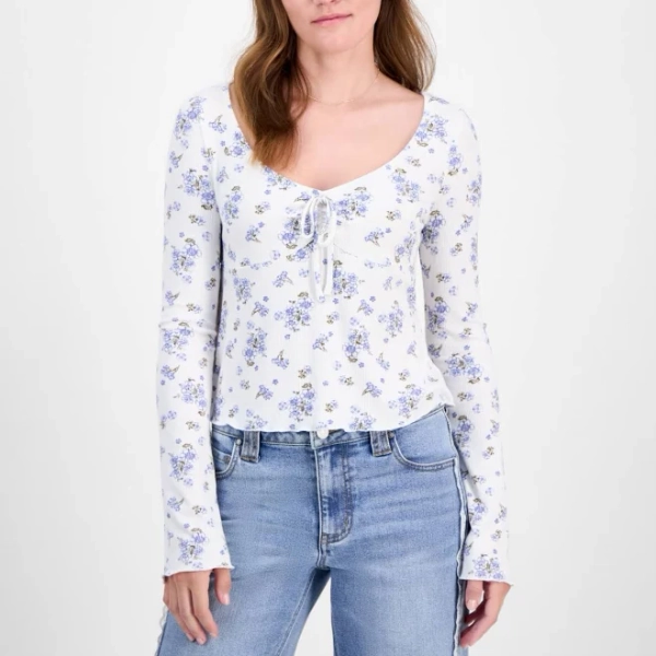Self- Esteem Juniors' Floral V-Neck Rib Knit Long Sleeve