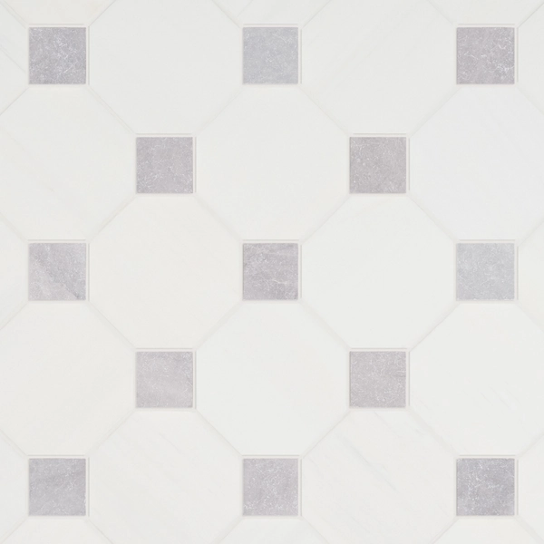 Alaris Glacier White 8" Octagon with Earth Gray Dot Tumbled Marble Tile