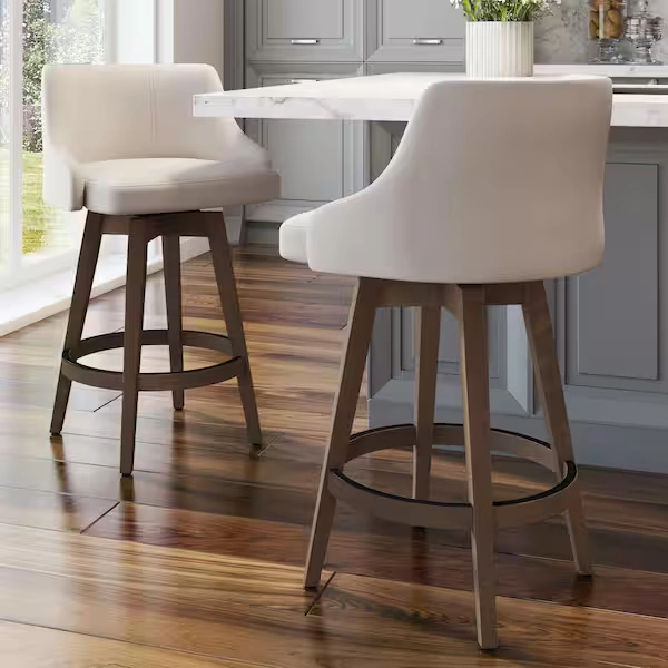 Amisco Nolan 27 in. Cream Faux Leather / Brown Wood Swivel Counter Stool 44240-26WE/1B96DBF4