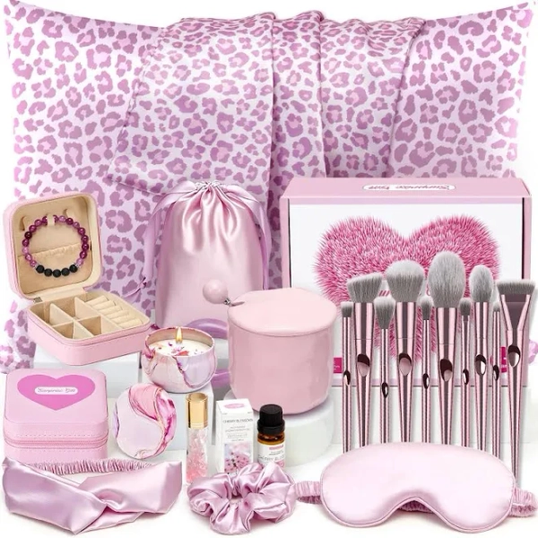 Gifts For Teen - 21pcs Teenager Basket With Leopard Satin Pillowcase/makeup Brush/mug Christmas Birthday Gift Set Women Daughter Sister Niece Tween