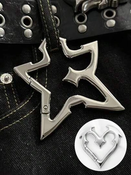 Silver Star Shaped Metal Carabiner Keychain, Stainless Steel Pentagram Pendant Keychain With Heart Bag Charm - Rust-Proof Pentagram Keyring, Metal Wallet Hang Charm And Zipper Pull; Gothic/Bohemian Mystical Symbol Carabiner, Wiccan Inspired Talisman And Minimalist Motto Accessory