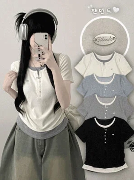 Short Sleeve Version Patch Button Color Block Sleeveless Layered Shirred Short Sleeve Tee