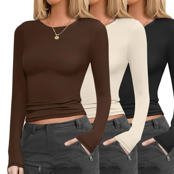 Womens 3 Pack Long Sleeve Shirts Fitted Tops Base Layering Tight