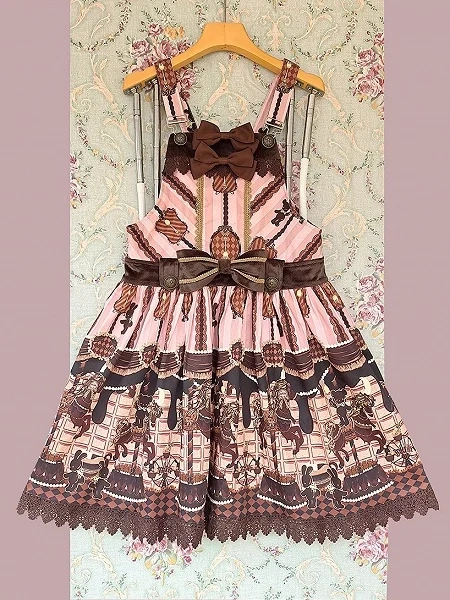 [£64.21]Pink Chocolate Carousel Print Sweet Lolita Overall Dress with Bow Accents
