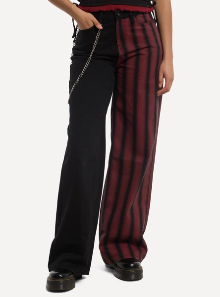 Social Collision Split Black & Red Stripe Wide Leg Jeans