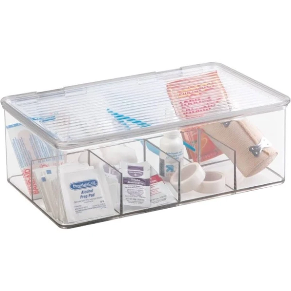 Plastic Divided Storage Box Kit with Hinge Lid for Bathroom, Kitchen, Cabinet, Closet - Organize , Ointments, Adhesive , - 8 Sections, 2 Pack - Clear