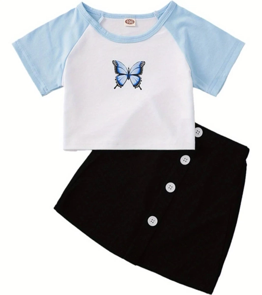 Kids Girls Fashion Outfit Set Print T-shirt + Skirt 2pcs Clothes Set for Children Girls