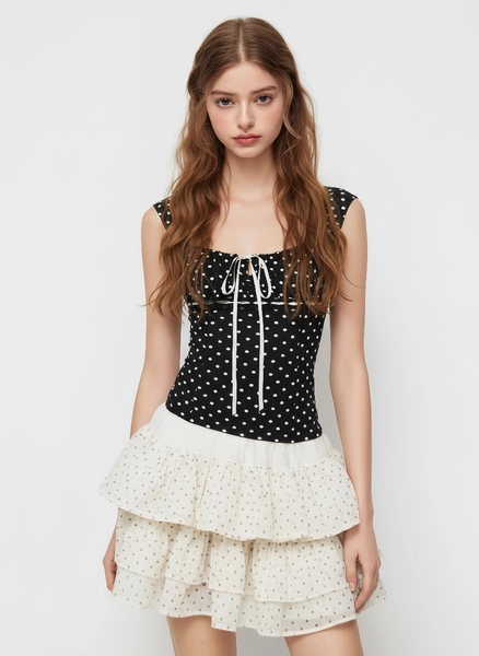 Knit Fabric Square Neck Polka Dot Knotted Short Sleeve Top For Daily Casual