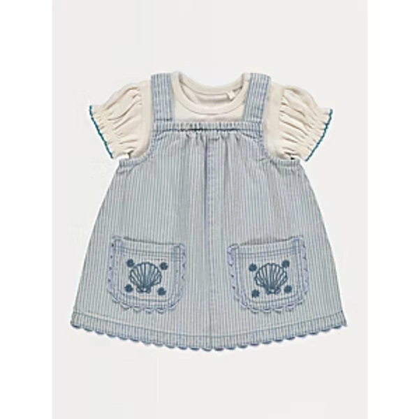 Sea Shell Embroidered Striped Denim Pinafore Outfit