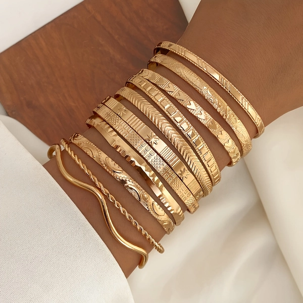 11pcs Retro Hip-Hop Irregular Wave Twist Square Bracelet Set for Women, Trendy Accessory for Daily Wear and Parties